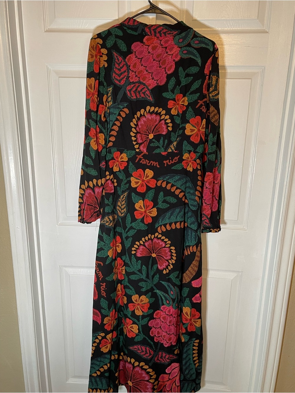FARM Rio Black Floral V‑Neck Long Sleeve Maxi Dress with Green, Pink and Orange - Picture 3 of 7